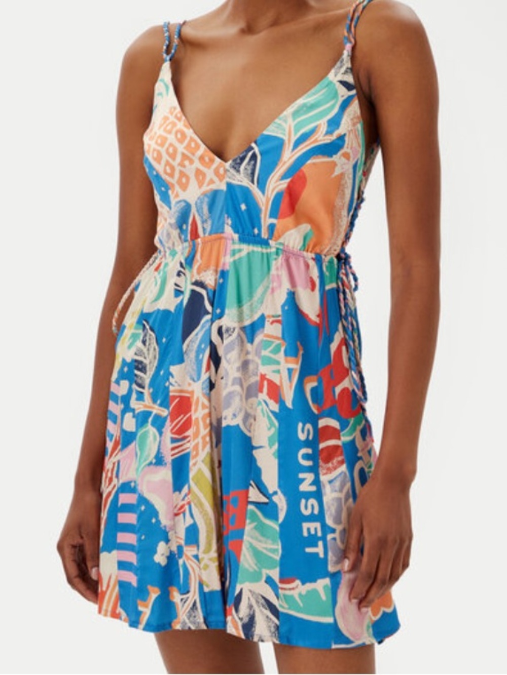 MAAJI Tropical Bliss Tropi Short Dress Blue Tropical Print V-Neck Mini Dress M - Picture 5 of 14